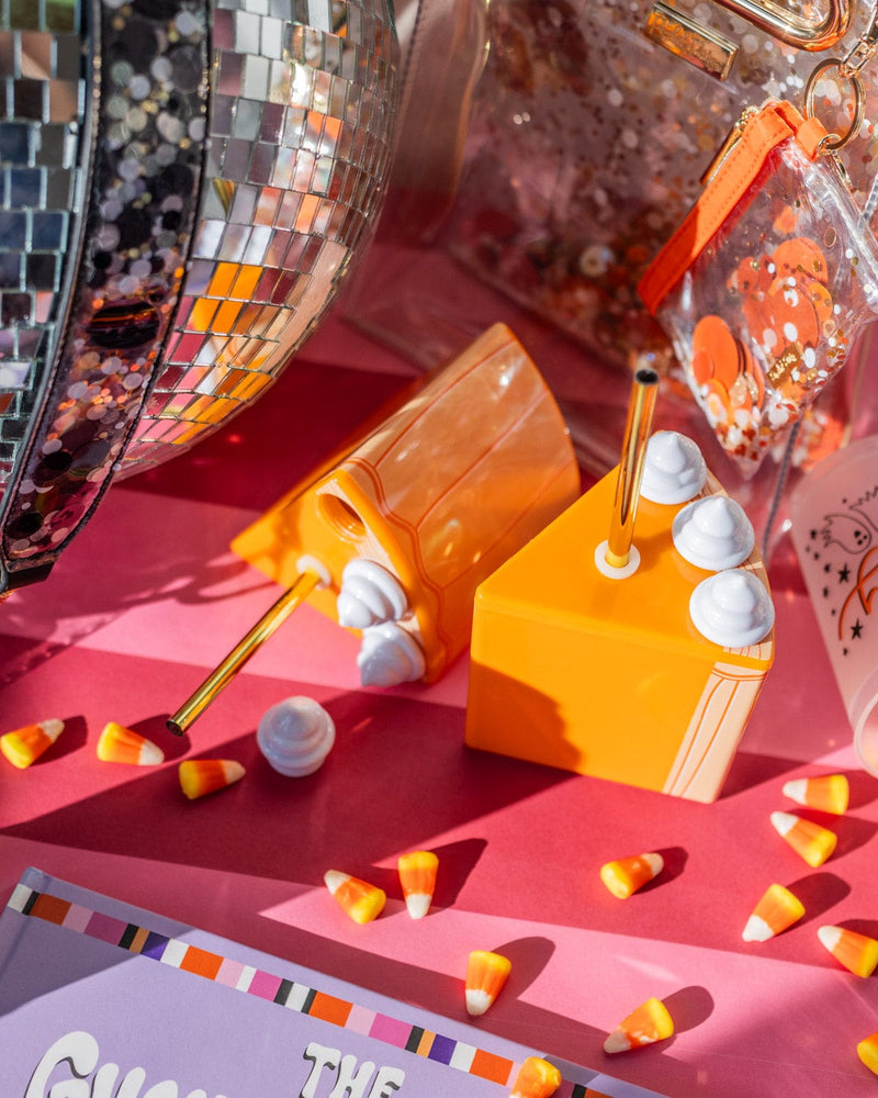 Gold straw cup tumbler sipper for harvest Thanksgiving. Two sippers with candy corn and disco ball. 