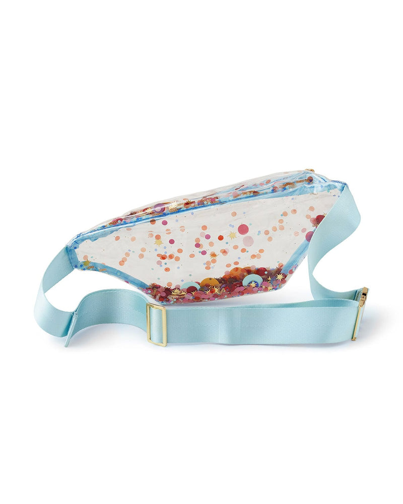 Celebrate confetti in clear vinyl fanny pack, Pink, yellow, blue, red, gold and more colors of confetti!
