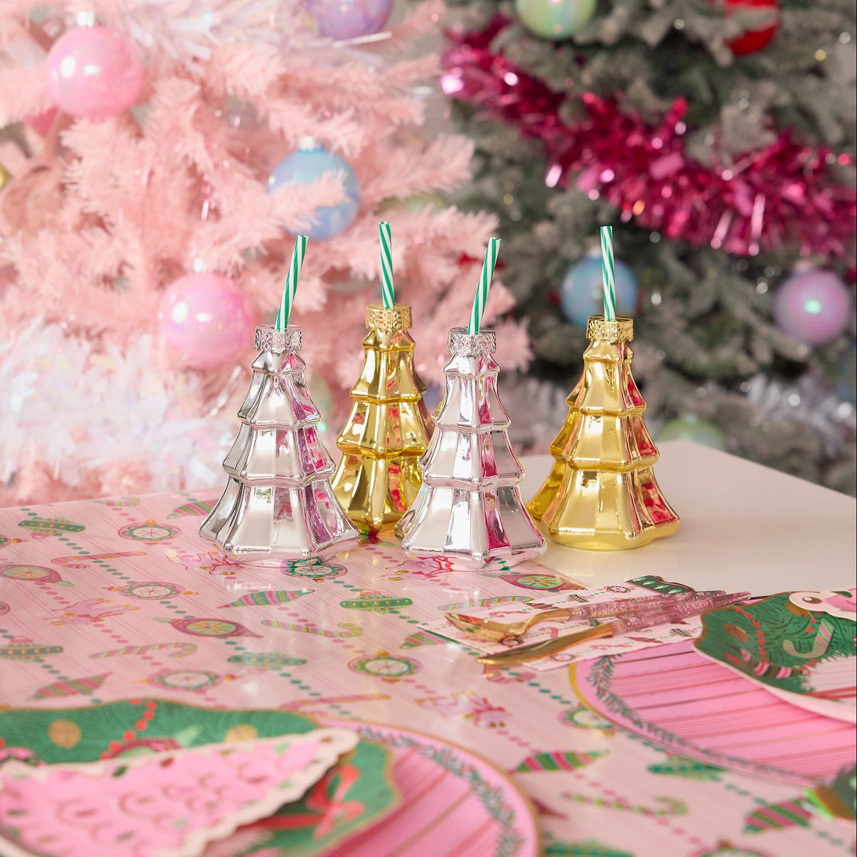 Glass Metallic Christmas Tree Sipper Set (4 ct)