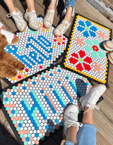 Packed Party and Letterfolk doormats with flowers, Hi and Hello sayings. Blue, mint, yellow, red and pink colorful tiles!