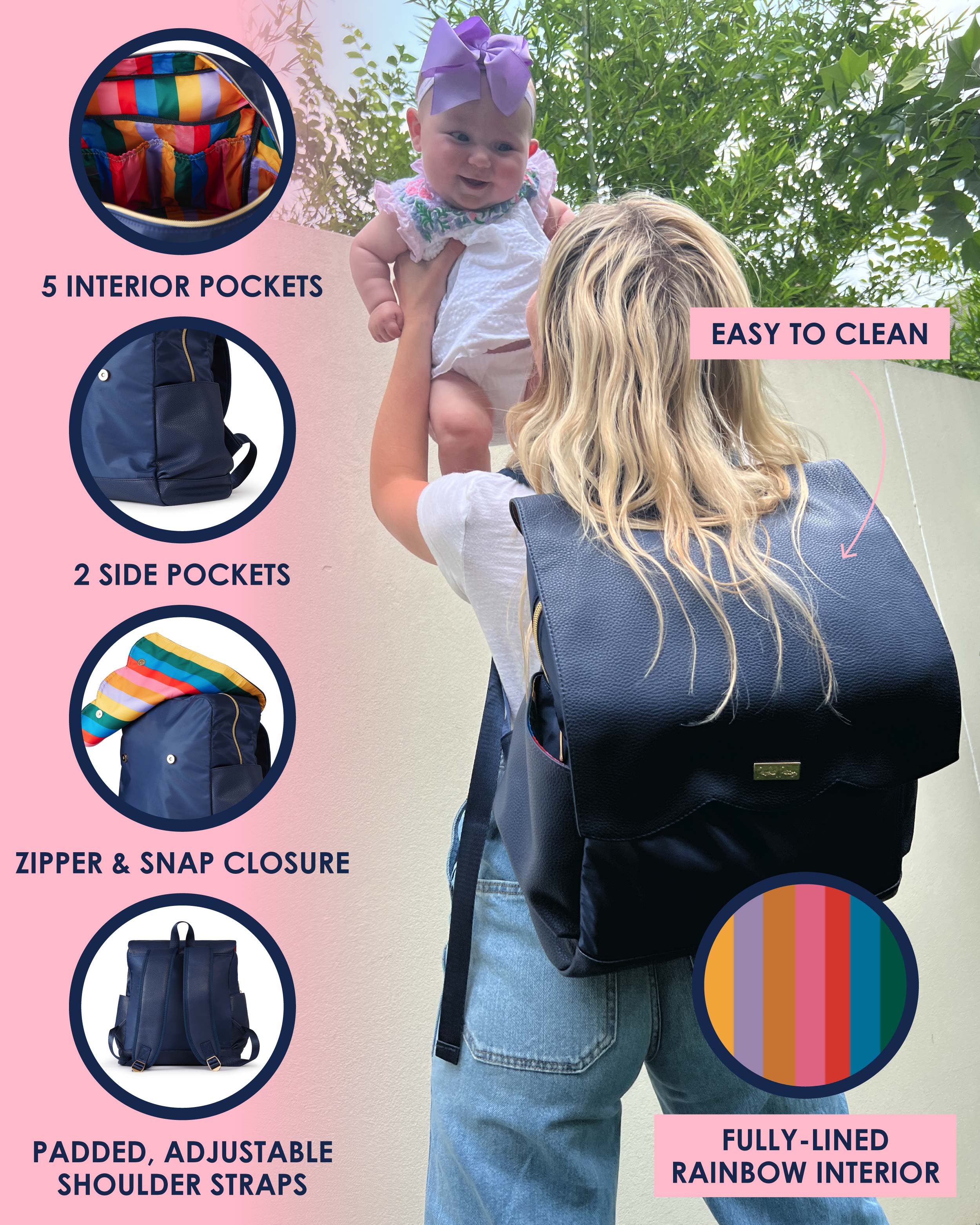 Woman wearing navy diaper bag backpack and holding baby in the air with purple bow. Image is annotated with diaper bag benefits: 5 interior pockets, 2 side pockets, zipper & snap closure, padded, adjustable shoulder straps, easy to clean, fully-lined rainbow interior