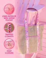 Image of rattan tote bag with hot pink confetti straps on hot pink Adirondack chair with icons overlayed on image showing product benefits - lined interior with zipper pocket, trapped confetti, snap closure