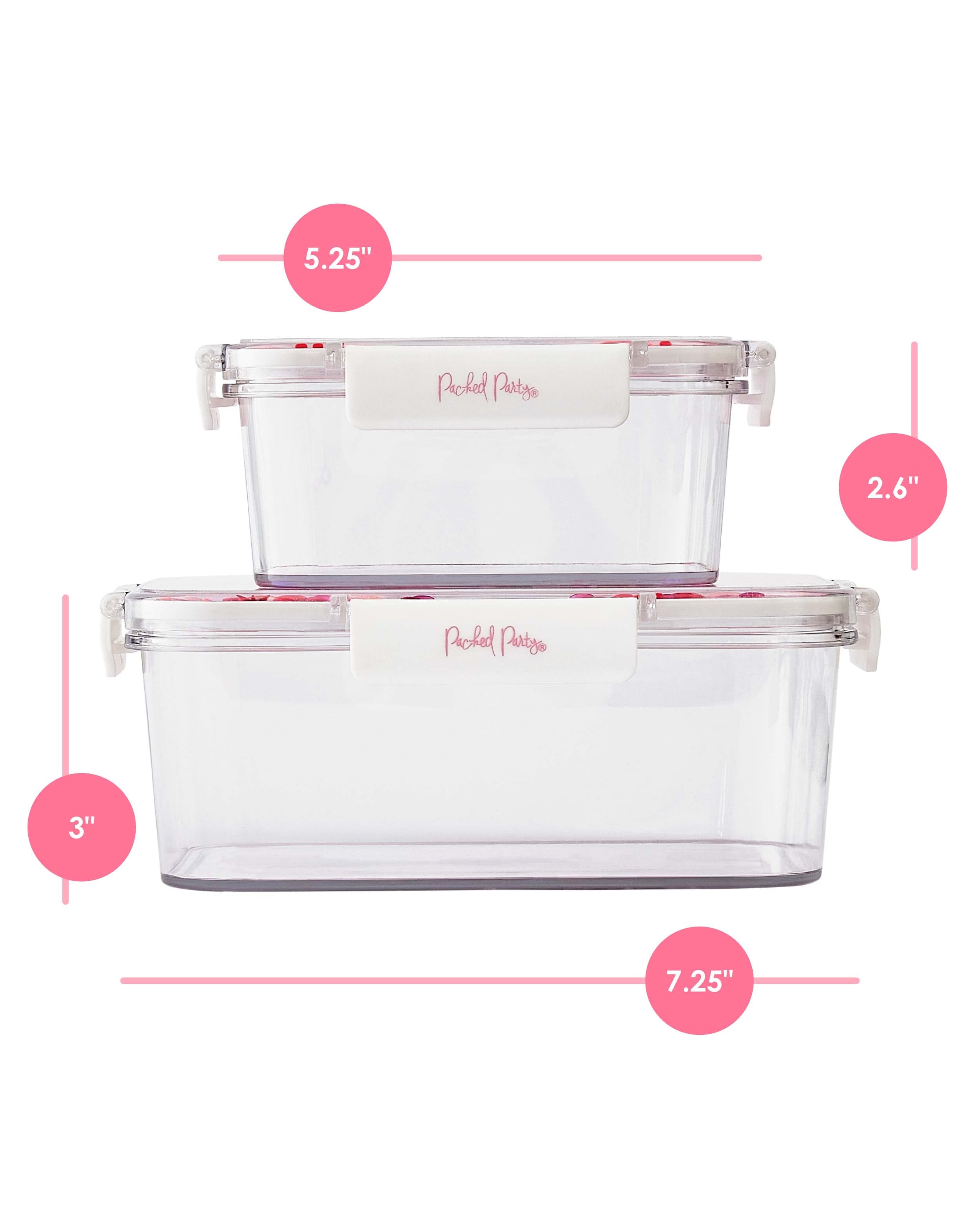 Two food storage containers sit against a white background, with the smaller of the two sitting on top of the larger one. For the smaller container, the dimensions read, '5.25"' and '2.6"' for width and height respectively. For the larger one, the dimensions read '3"' and '7.25"' for height and width respectively.