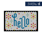 Hello motif on front door welcome mat, featuring flowers in peach, red, mint and black and white.