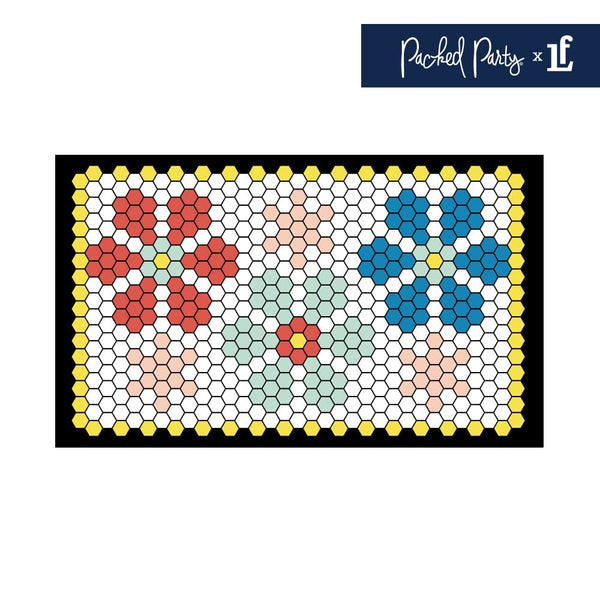 Light peach, red, mint, yellow and blue floral pattern on black and white Letterfolk mat. Hexagon tiles that are interchangable.