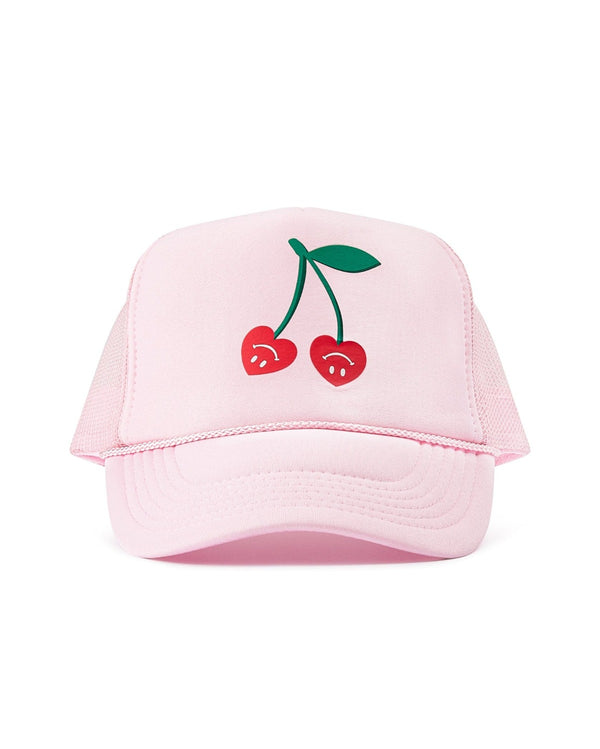 adorable pink trucker hat with unique upside down smile cherries on green stem