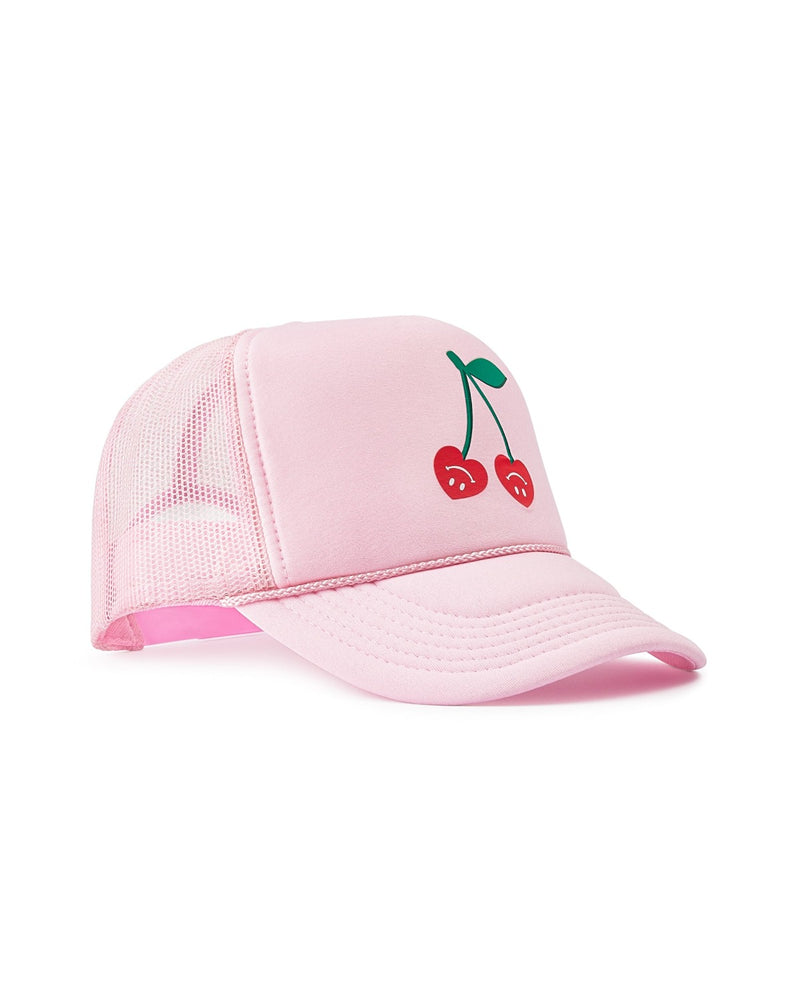 adorable pink trucker hat with unique upside down smile cherries on green stem