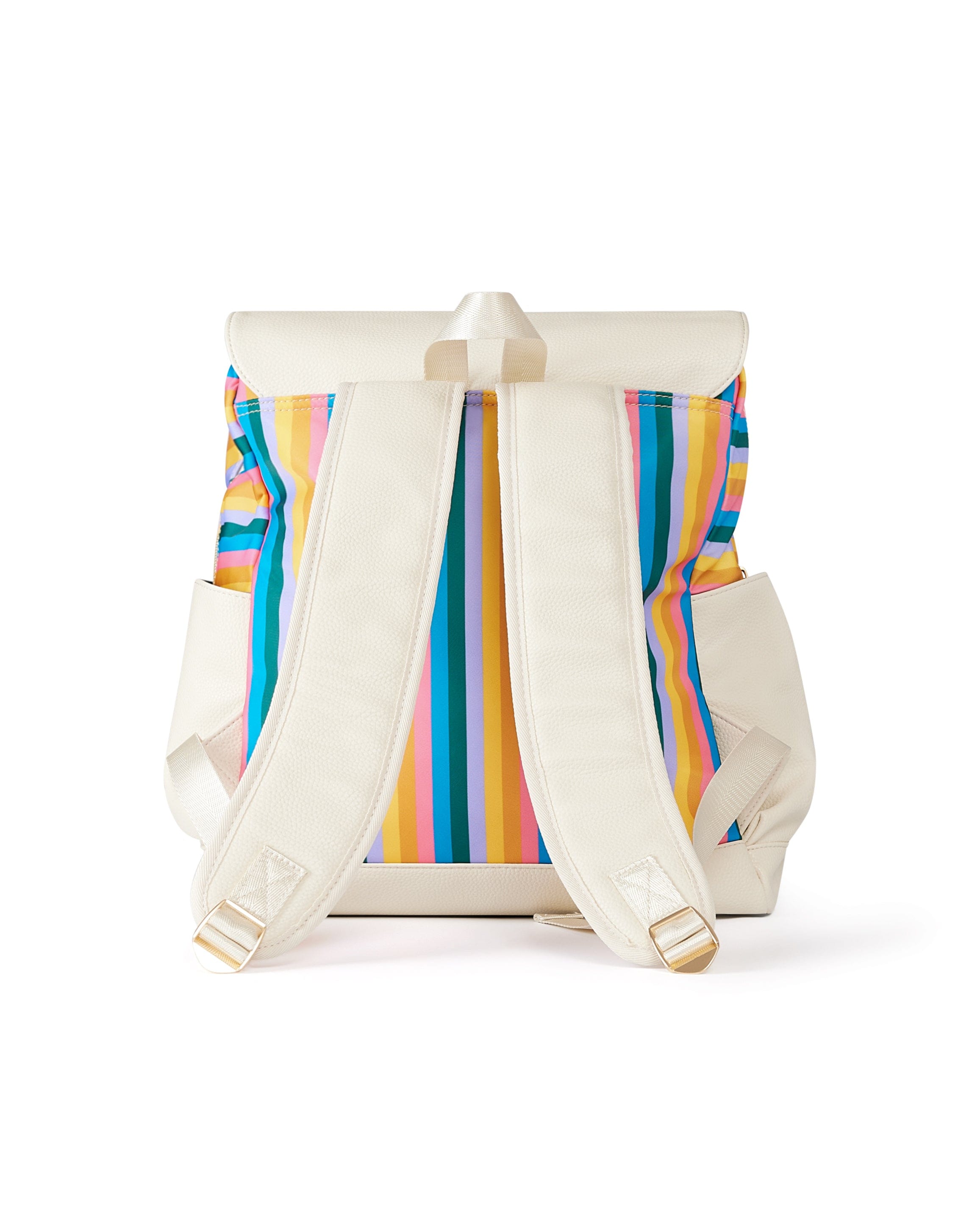 Close up of diaper bag backpack straps and rainbow stripe exterior