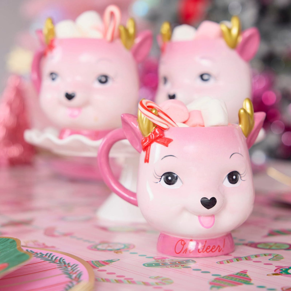 'Oh Deer!' Pink Reindeer Ceramic Holiday Mug