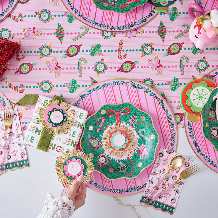 Pink Vintage Christmas Paper Table Runner (25 ft, cut to fit)
