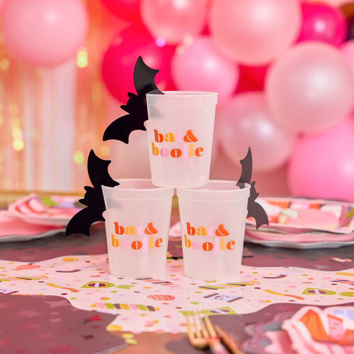 Bat & Boojie Glow-in-the-dark Halloween Cups with Bat Drink Markers (8 ct)