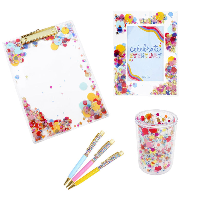 Celebrate Every Day Teacher's Bundle With Confetti Clipboard, Photo Frame, Pens, and Pen Cup