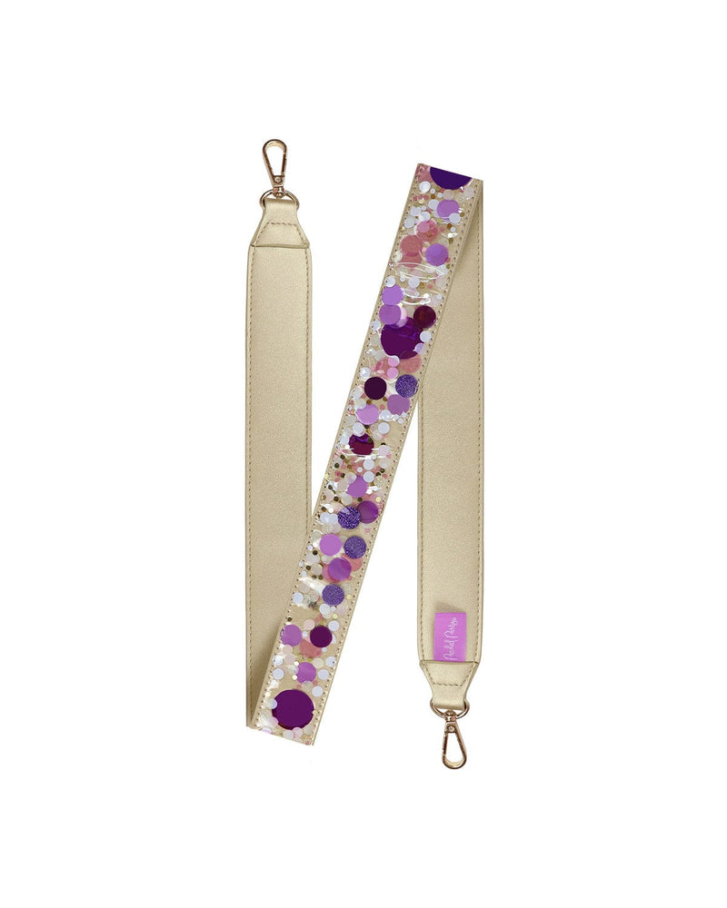 Purple confetti purse strap with purple confetti, showing off gold leatherette material and gold hardware.