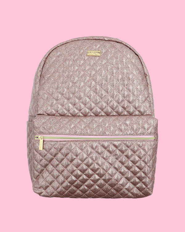 A pink glitter backpack with a gold zipper. 