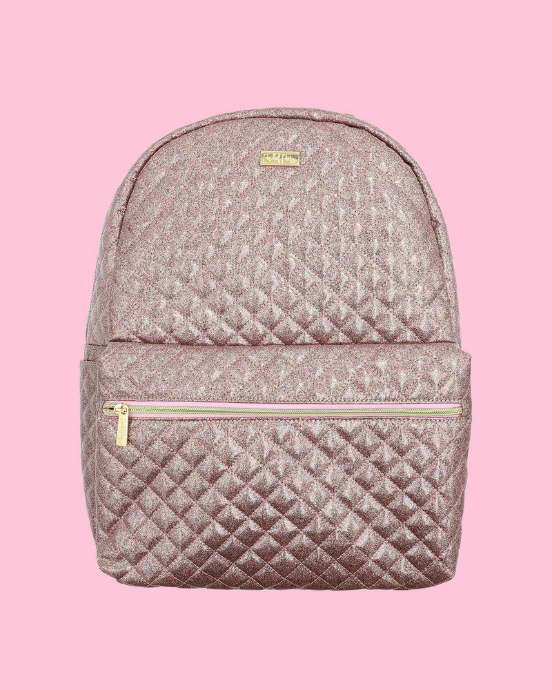 A pink glitter backpack with a gold zipper. 