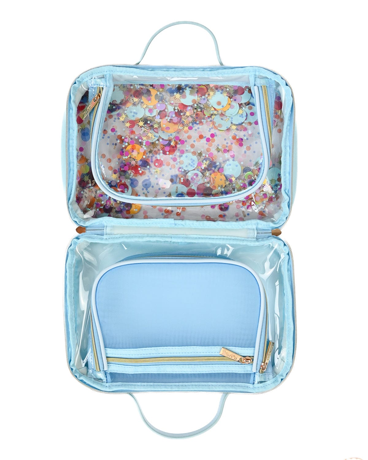 Traveler cosmetic case open and split in half showcasing separate compartments 