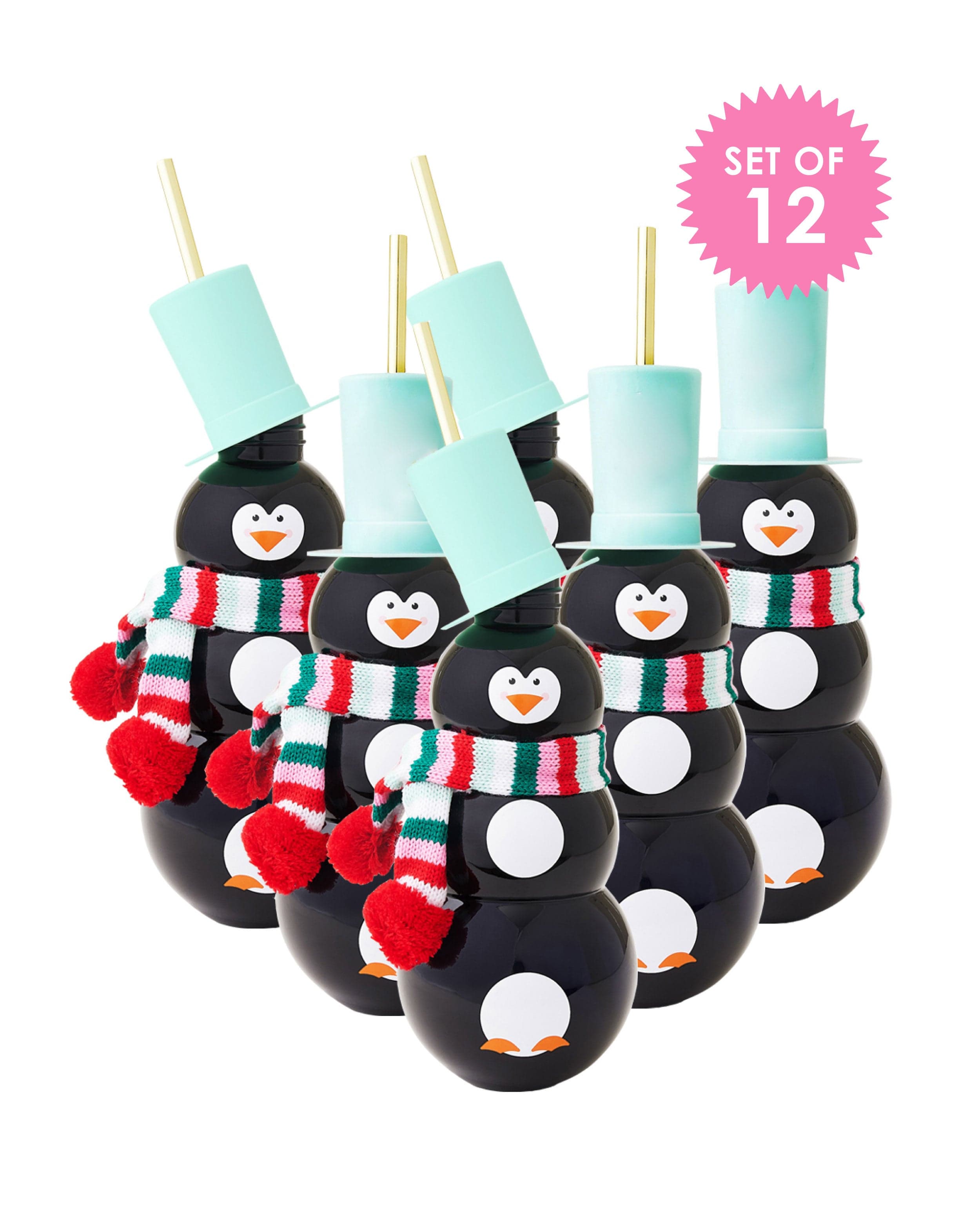 Set of 12 Penguin Sippers with removable scarfs shot against white background. 