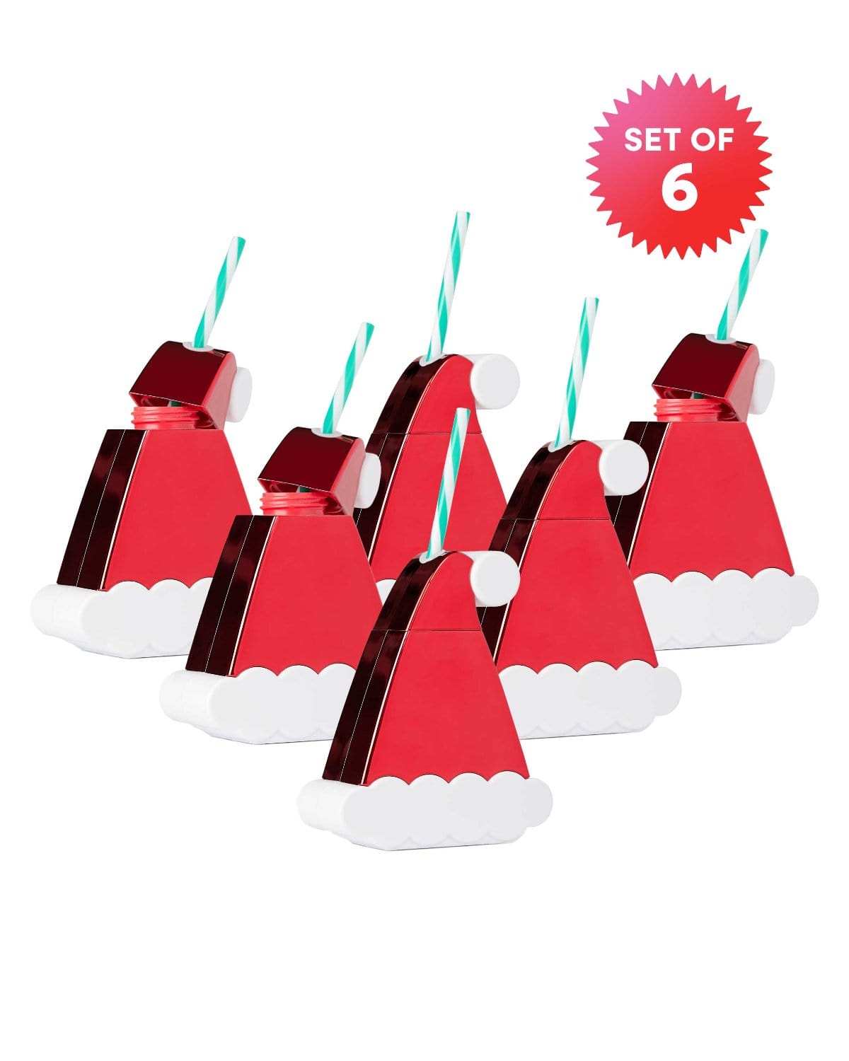 Set of 6 Santa Hat Sippers shot against white background. 
