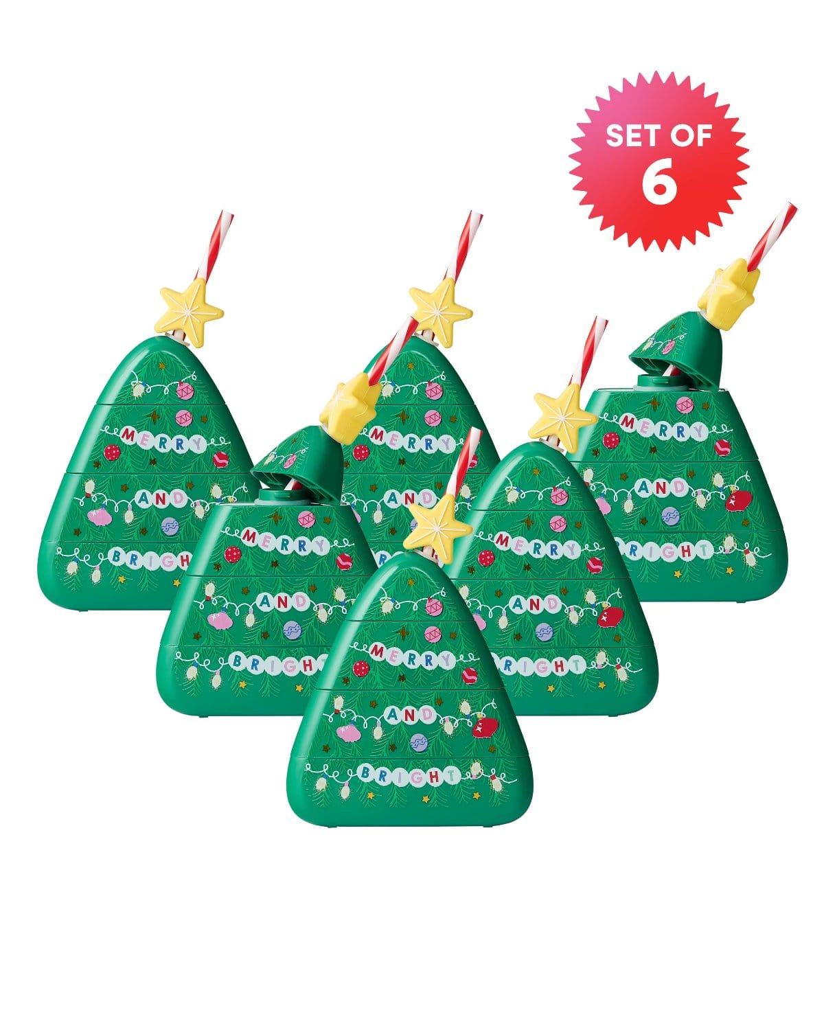 Set of 6 Christmas Tree Sippers shot against white background. 
