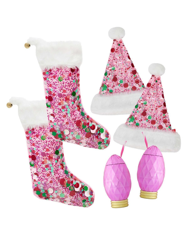 Bundle Includes:
2 Pink Confetti Santa Hats
2 Pink Faceted Light Bulb Sippers
2 Pink Confetti Stockings
