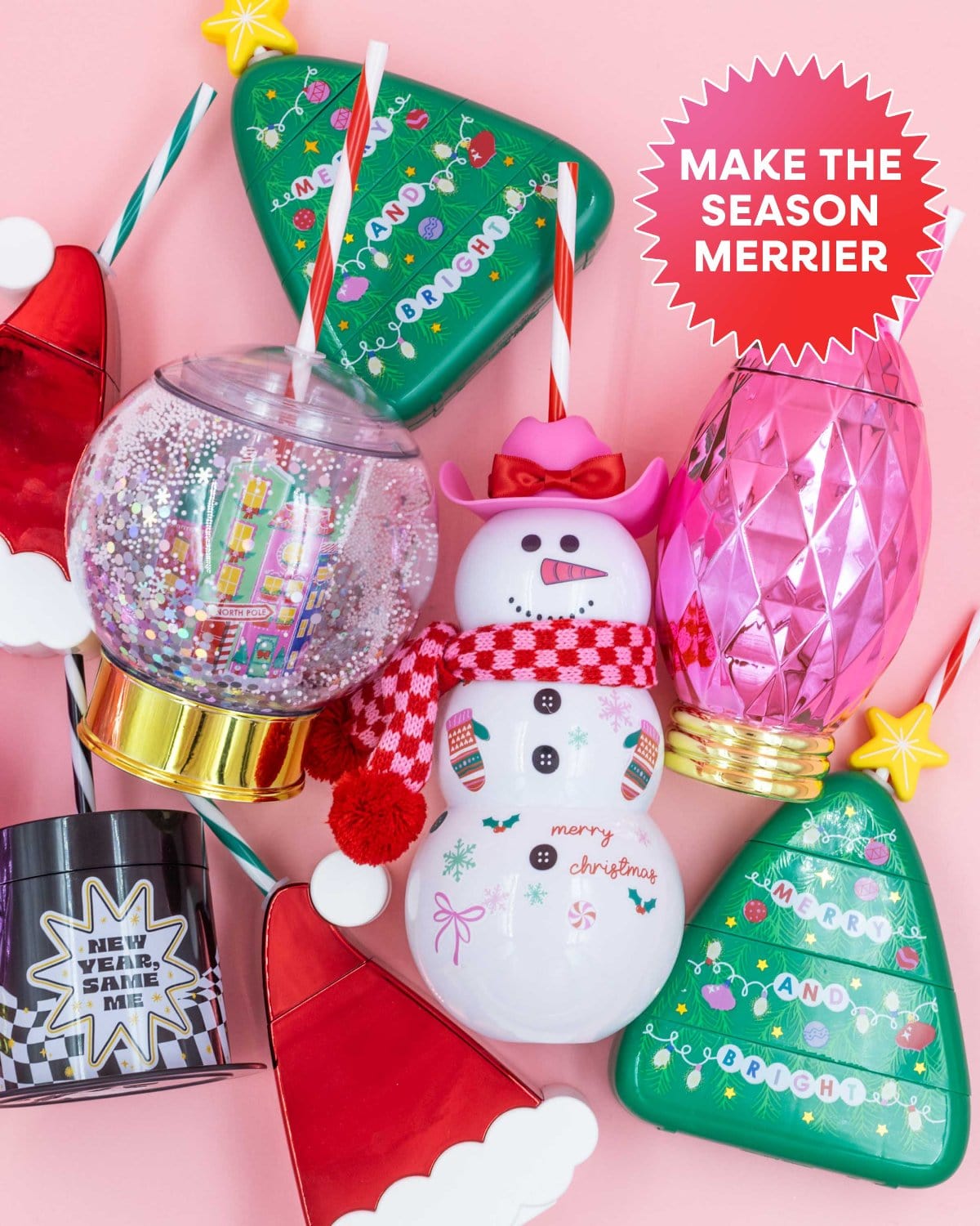 Snowman Sipper surrounded by assortment of holiday sippers with text that reads "Make the season merrier" shot against pink background. 