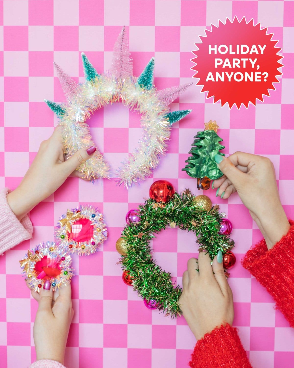 Infographic with Christmas tree claw clip and assortment of holiday headwear with text "Holiday Party, Anyone?" shot against pink checkered background. 