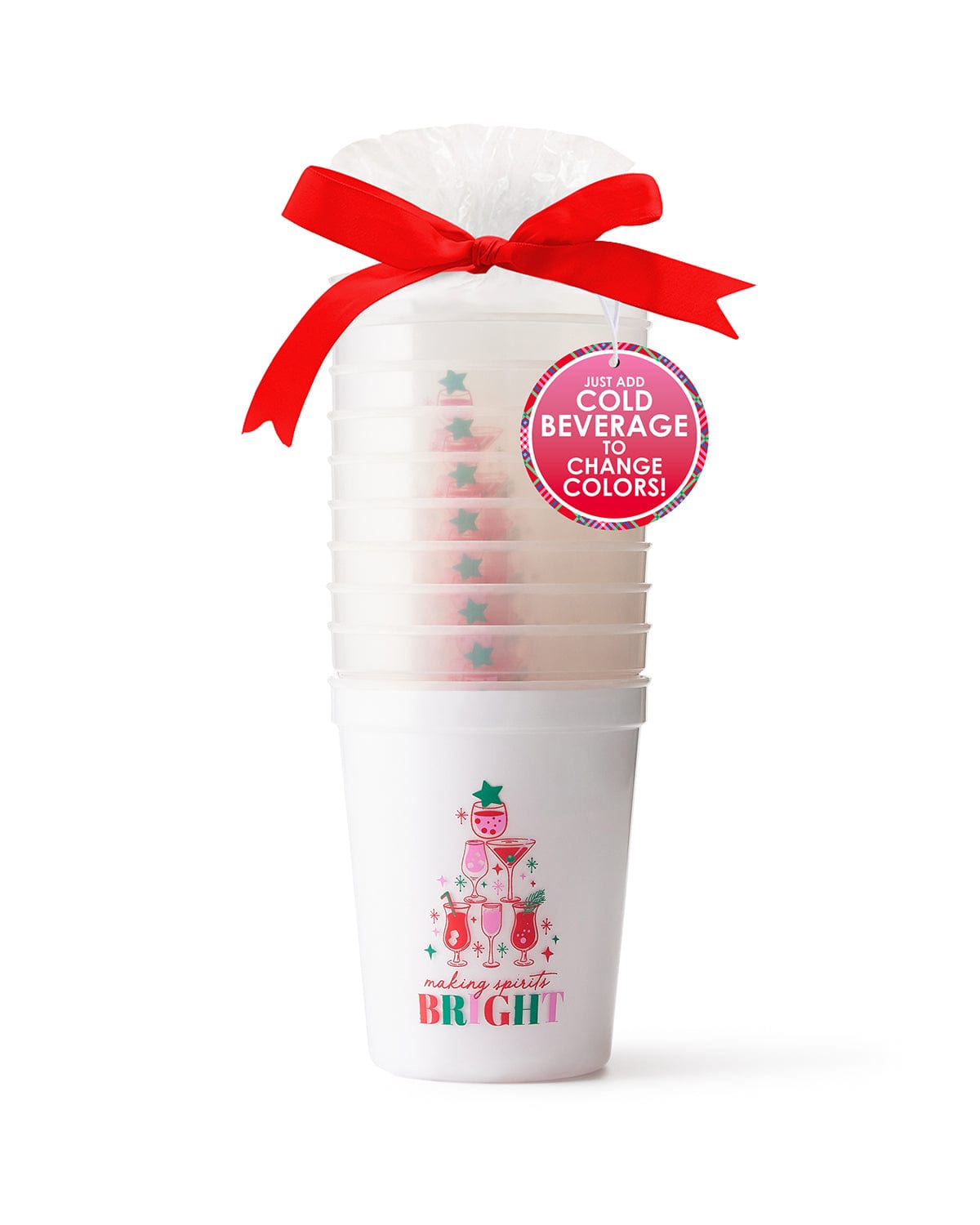 Stack of 10 color changing 'Making Spirits Bright' cups with red bow and tag shot against white background. 