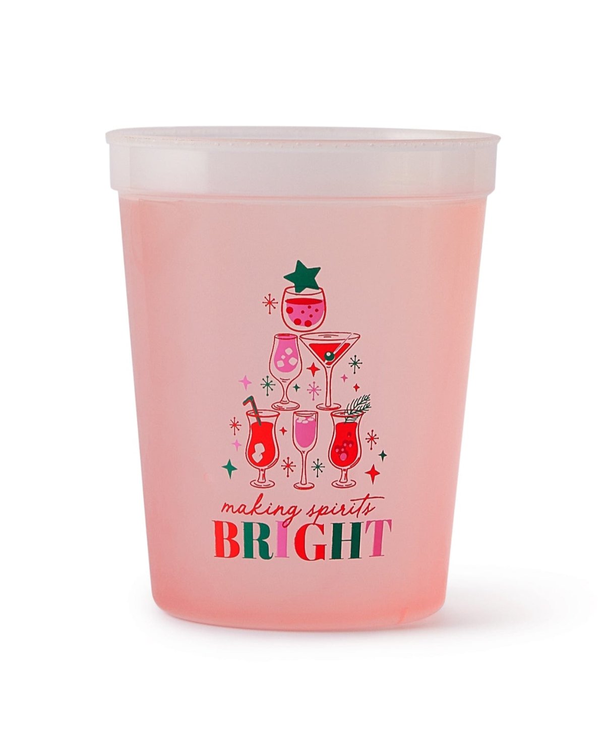 'Making Spirits Bright' color changing cup with pink appearance shot against white background. 