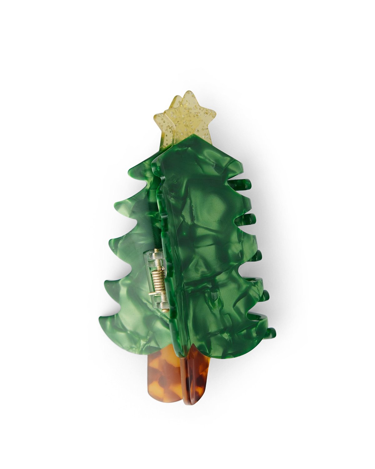 Christmas tree claw clip with brown base, green body, and yellow star shot against white background. 