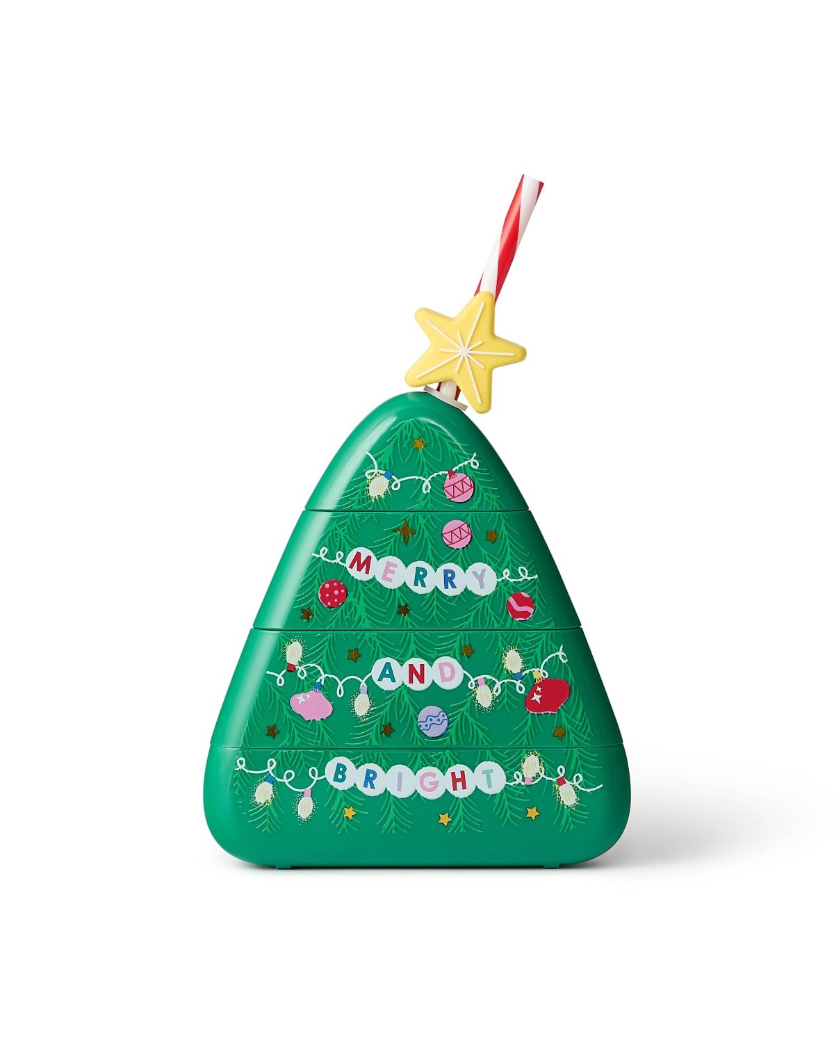 Christmas Tree Sipper with removable star and striped straw shot against white background. 