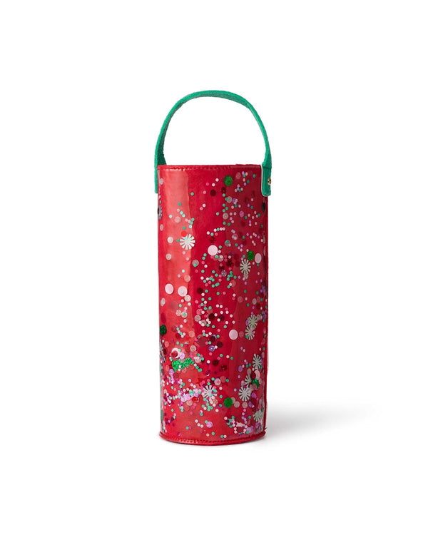 Felt wine tote with red trapped confetti body and green strap shot against white background. 