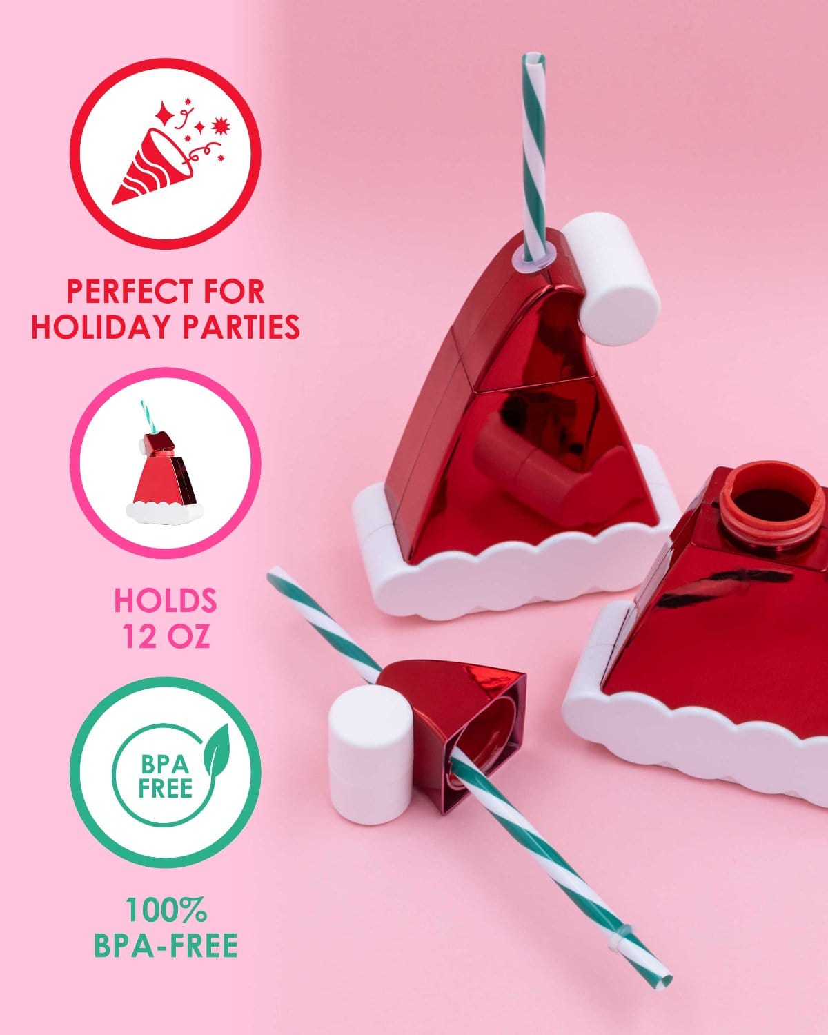 Infographic with features on left side and image of Santa Hat Sippers against pink background. Features include perfect for holiday parties, holds 12 oz, and 100% BPA-Free. 