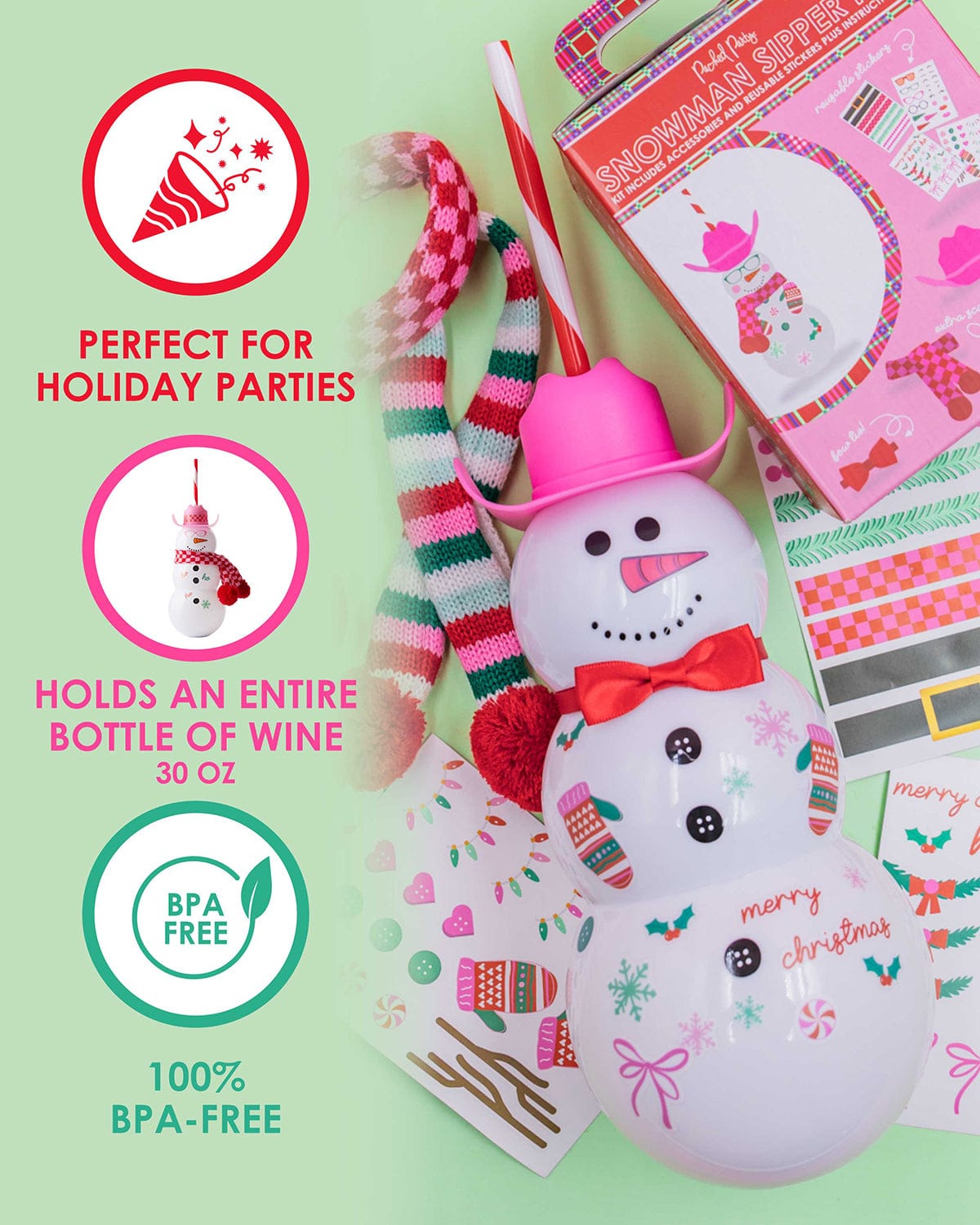 Infographic highlighting features on left side with image on Snowman Sipper Accessory Bundle on right side. Features include perfect for holiday parties, holds an entire bottle of wine (30 oz), and 100% BPA-Free. 