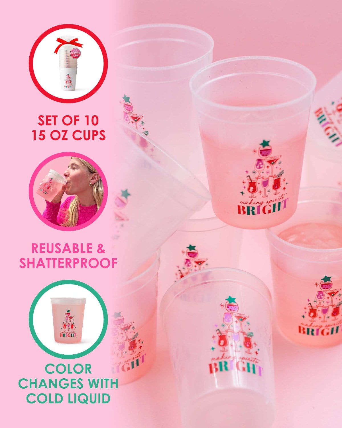 Infographic explaining features of cup stack on left with image of cups stacked together on right. Features include set of 10 15 oz cups, reusable & shatterproof, and color changes with cold liquid. 