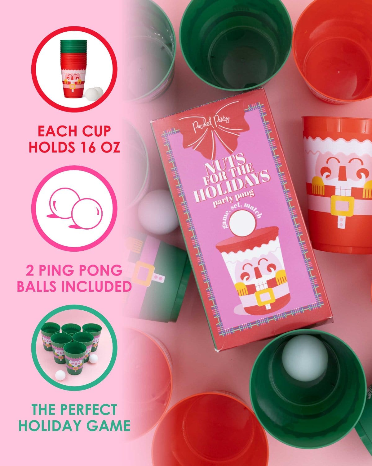 Infographic highlighting features of pong set on left side with image of pong set on right side shot against pink background. Features include each cup holds 16 oz, 2 ping pong balls included, and the perfect holiday game. 
