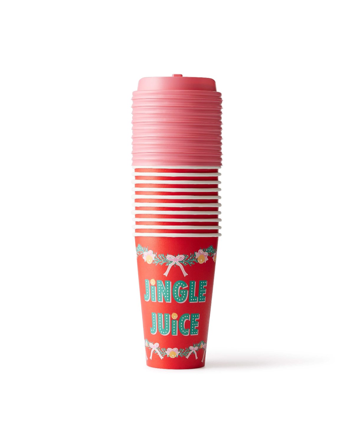 Set of 10 red to-go cups with printed 'Jingle Juice' design and pink lids shot against white background. 