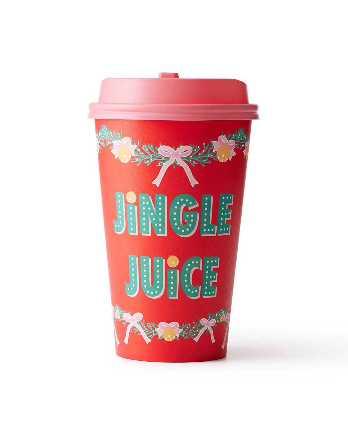 Red to-go cup with printed 'Jingle Juice' design and pink lid shot against white background. 