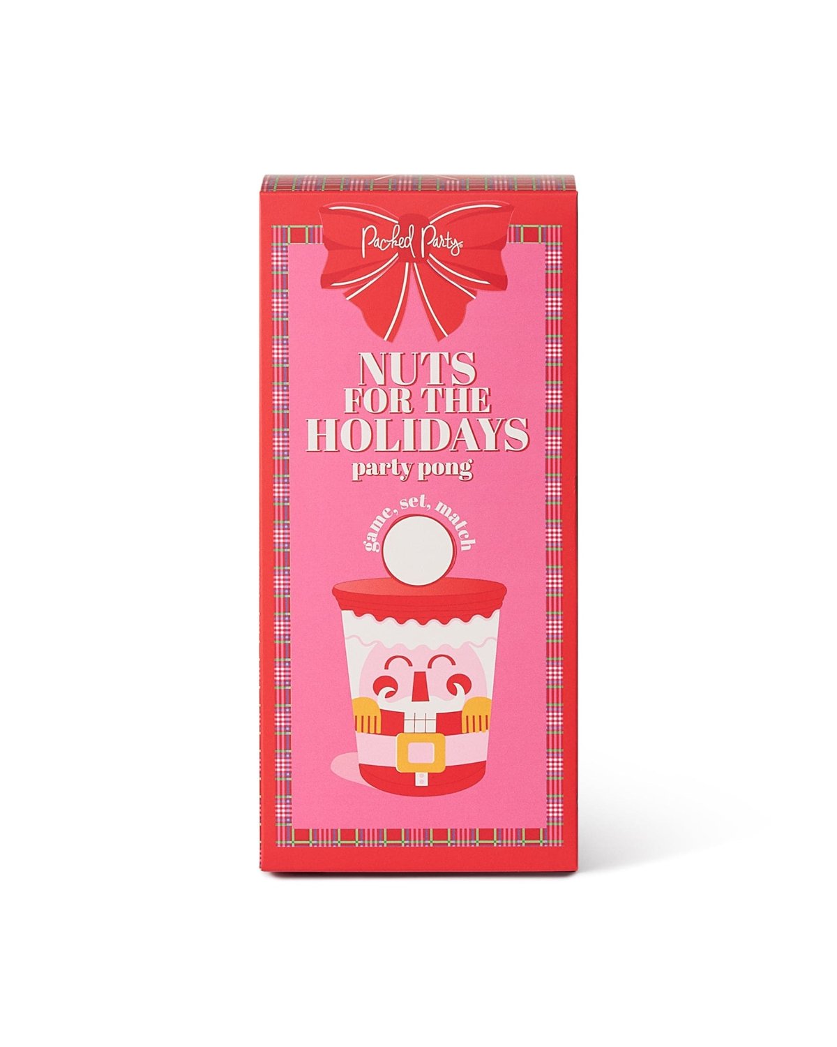 Pink 'Nuts for the Holidays' packaging design shot against white background. 