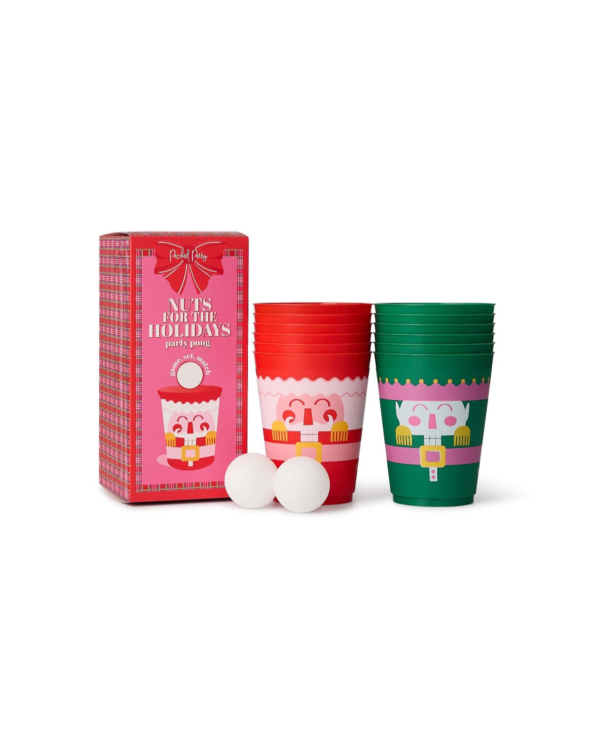 'Nuts for the Holidays' pong set with red and green cups and ping pong balls shot against white background. 