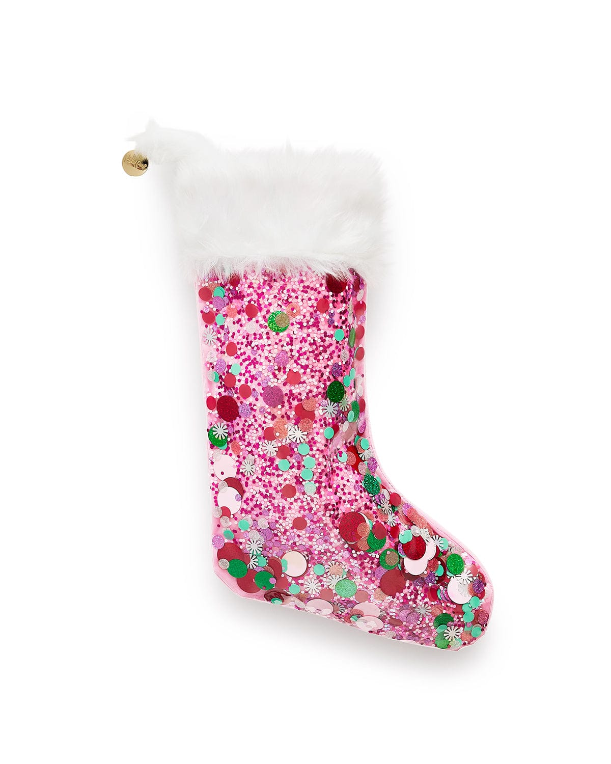 Pink vinyl trapped confetti stocking with faux fur trim shot against white background. 