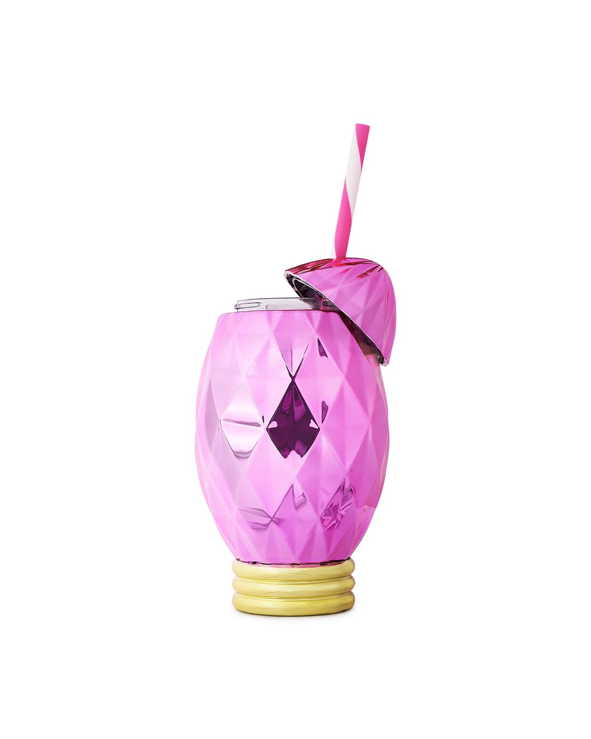 Open pink faceted electroplated sipper with striped pink and white straw shot against white background. 