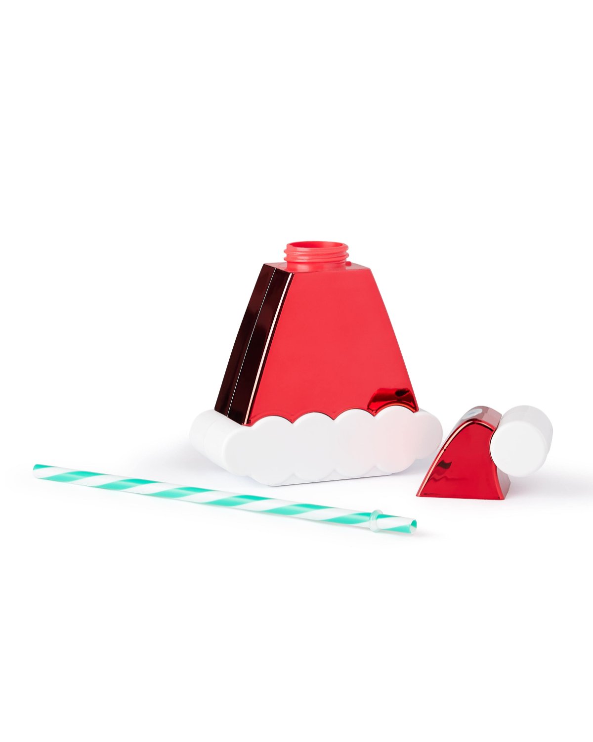 Santa Hat Sipper with top and straw laying flat shot against white background. 