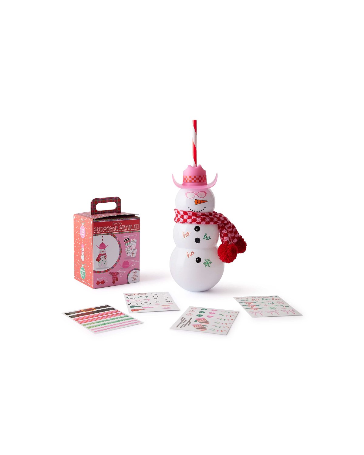 Snowman Sipper Accessory Bundle with pink cowboy hat, red satin bow tie, knit checkered scarf shot against white background. 