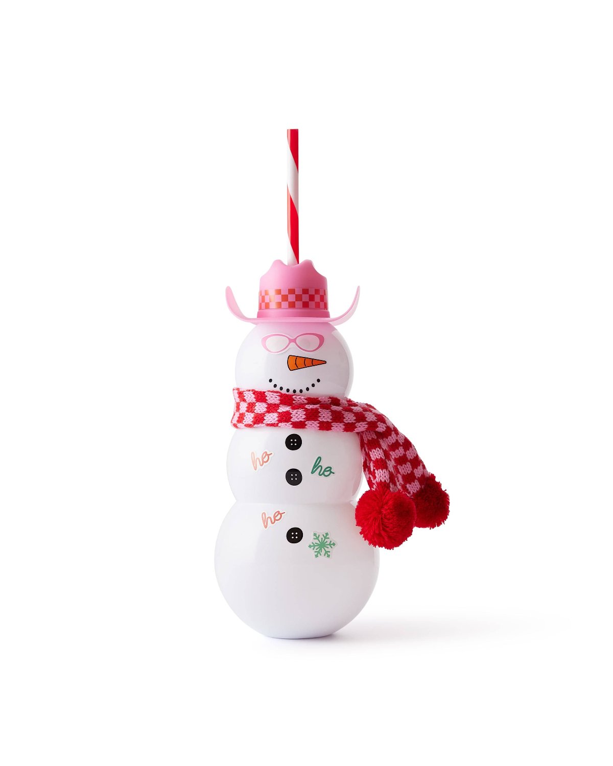 Snowman Sipper with pink cowboy hat, checkered scarf, and stickers shot against white background. 