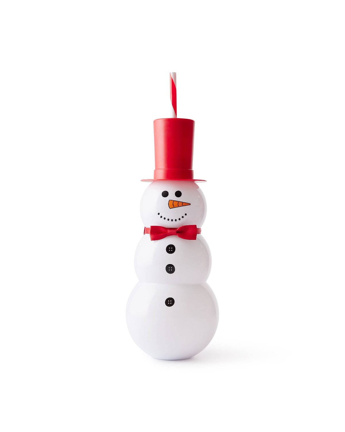 Snowman Sipper with red hat, red bowtie, and striped straw shot against white background. 