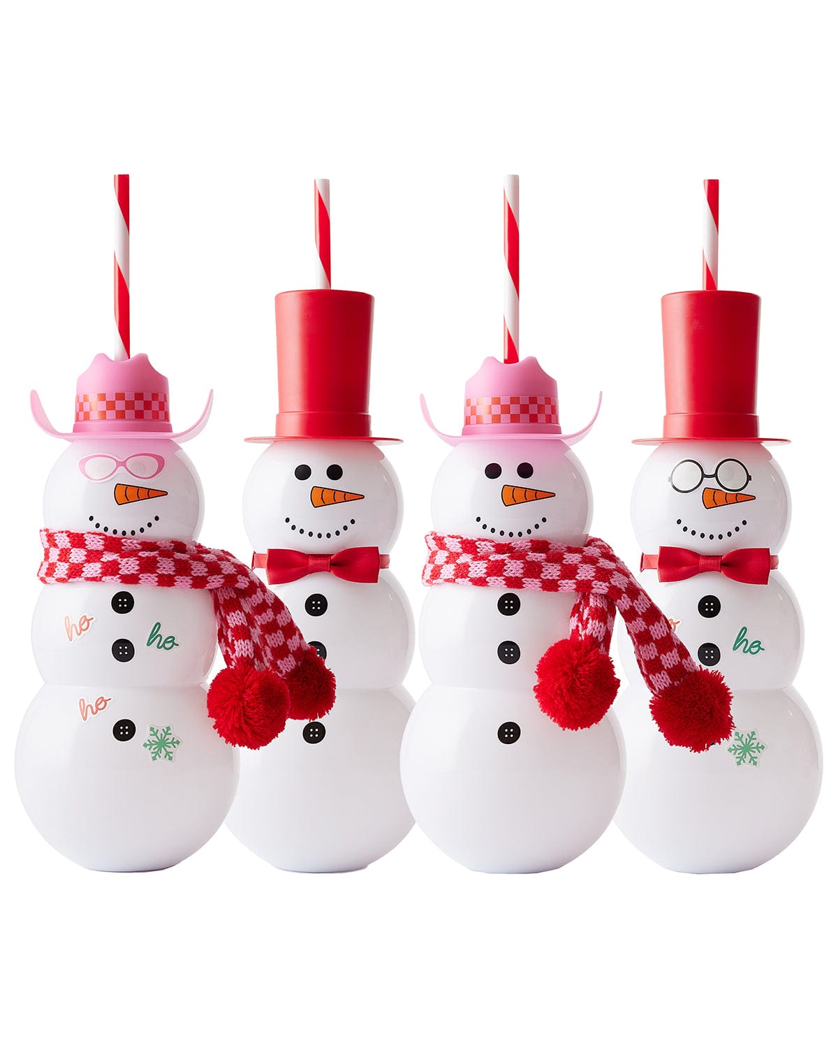 four fun snowman holiday sipper cups with candy cane straws each decorated and customized with different accessories and stickers