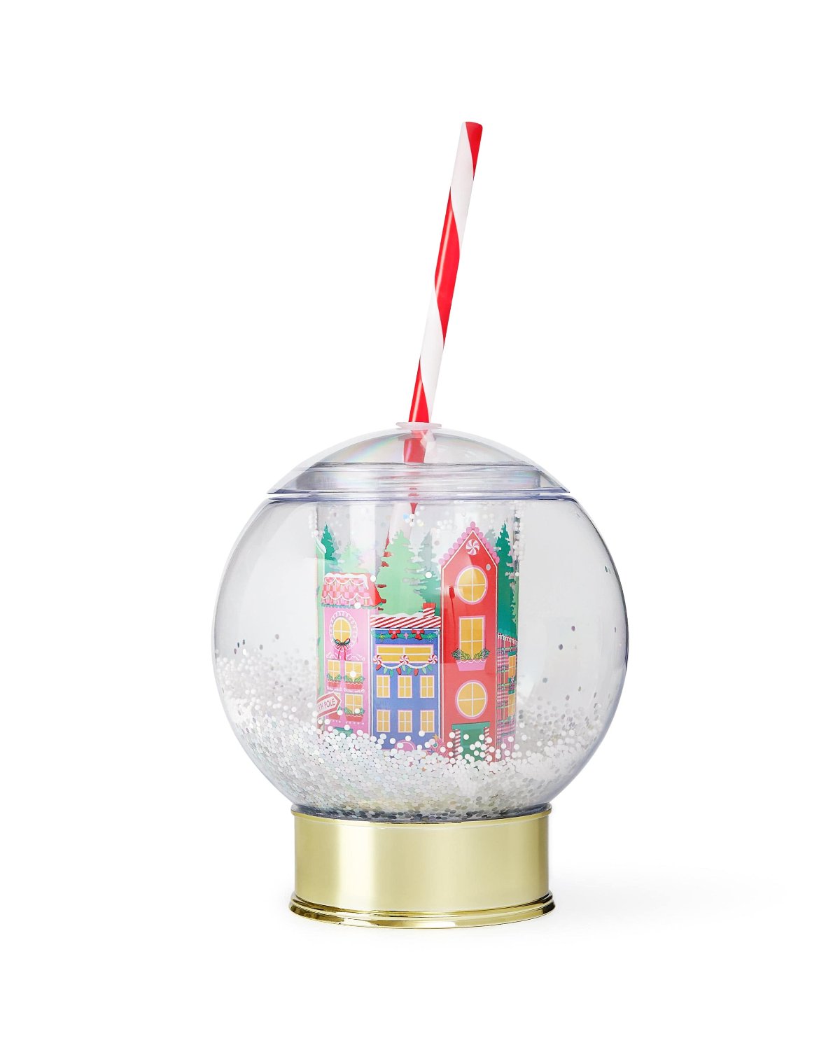 Snow Globe shaped cup with holiday village printed on interior wall and shakeable confetti shot against white background. 