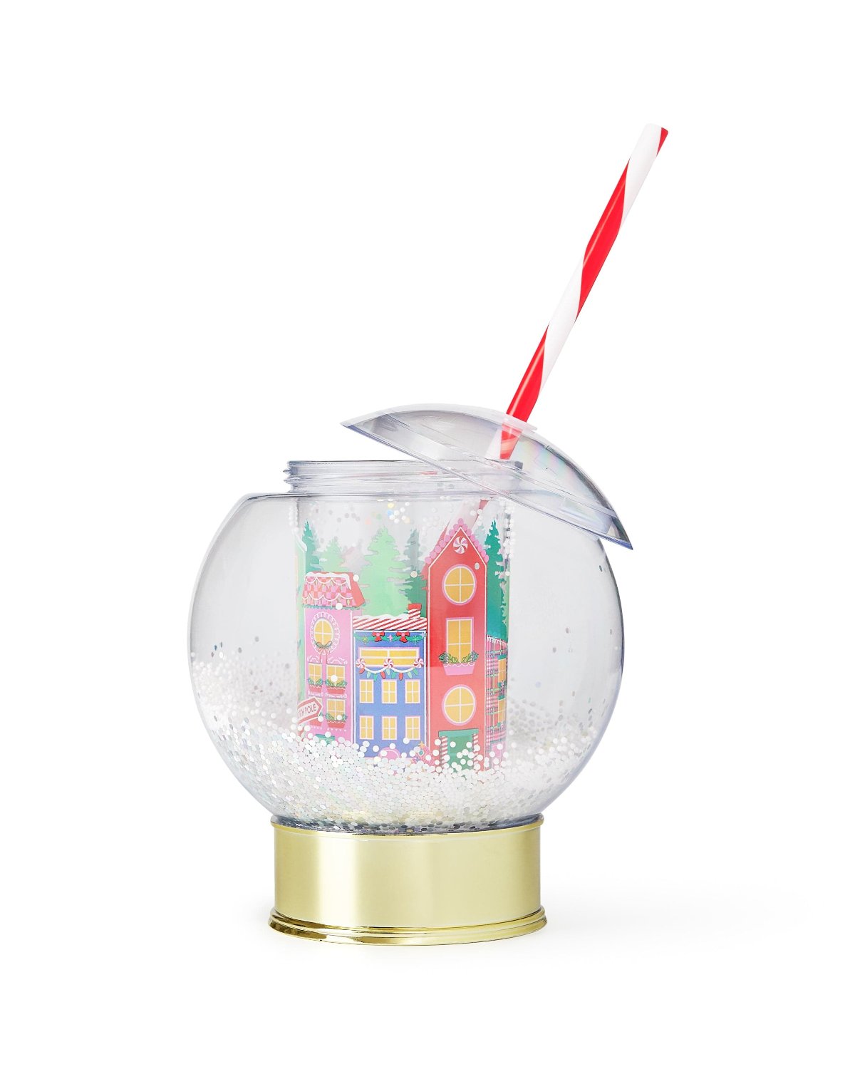 Village snow globe sipper with lid open shot against white background. 