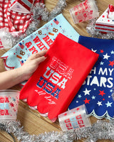 Decorative kitchen towel with patriotic 4th of July themes. 