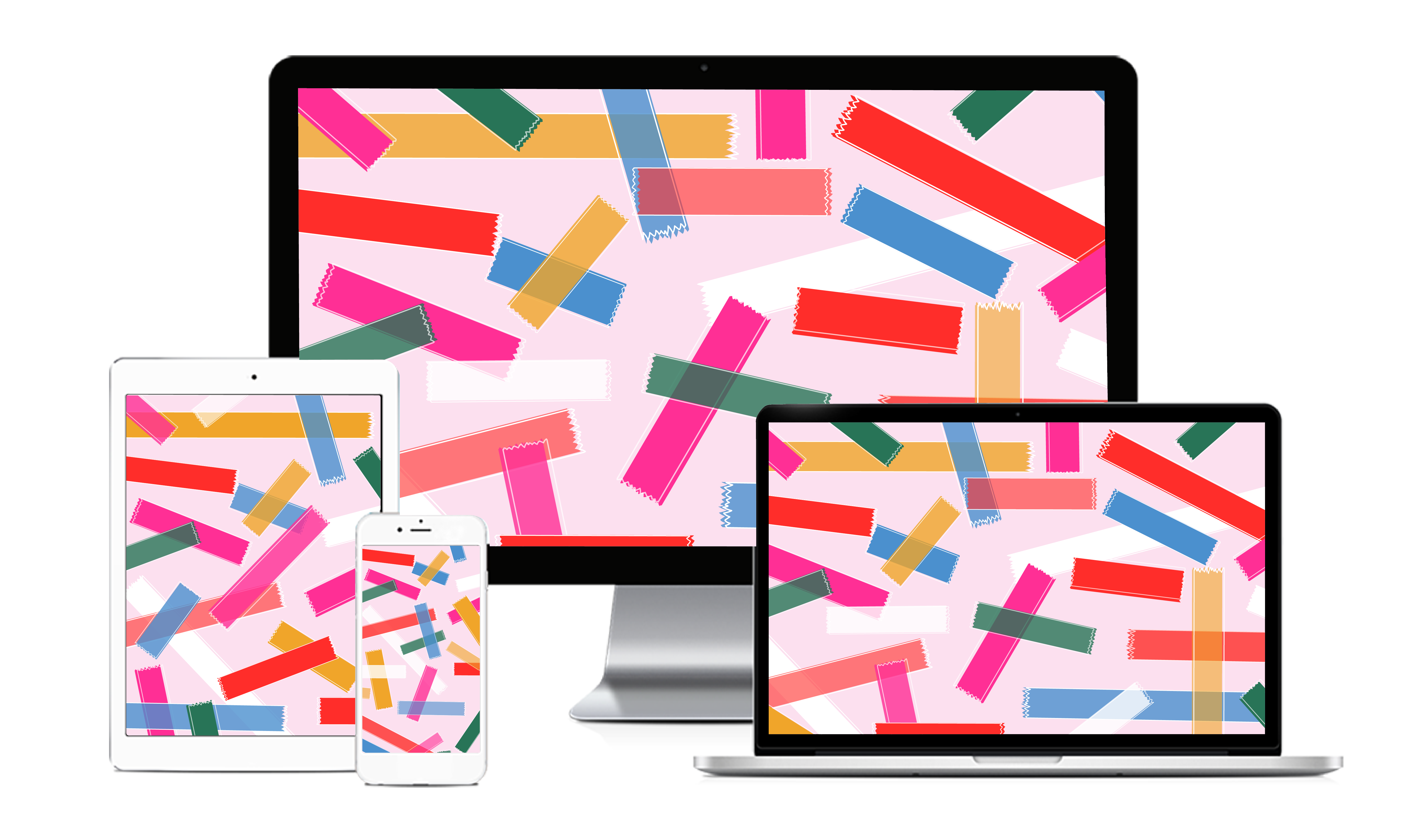 A colorful tape wallpaper displayed on multiple devices. 